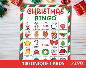 May include: A Christmas Bingo game card with a red and green border. The card features festive illustrations like Santa, reindeer, and a Christmas tree. Text includes "Christmas Bingo", "100 Unique Cards", and "2 Sizes".