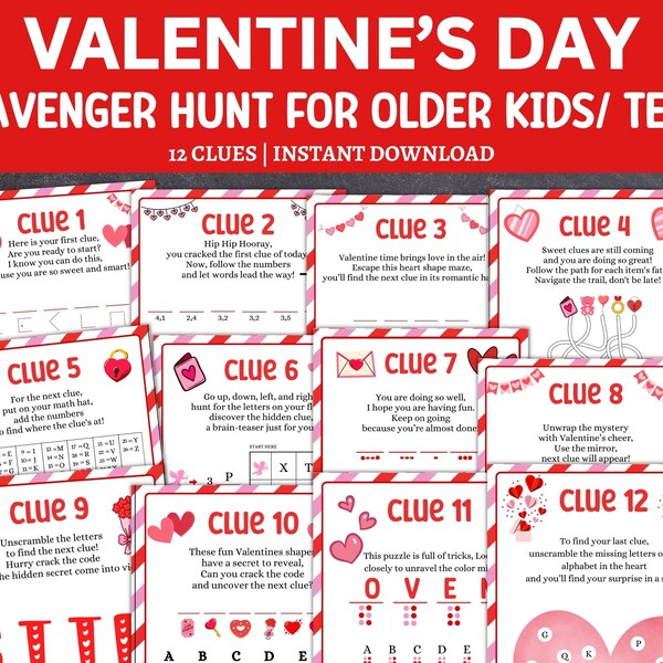 Valentines Day Scavenger Hunt For Teens, Valentines Treasure Hunt For Older Kids, Fun Valentines Game Activity, Puzzles For Valentines Gift