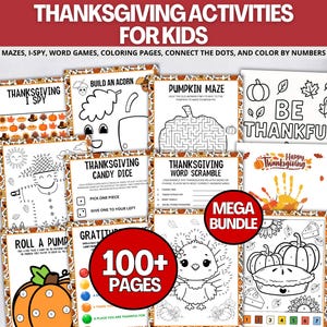 Thanksgiving Activities For Kids Printable, Thanksgiving Activity Pages Bundle- Coloring Pages, Games, Puzzles, Connect Dots, I Spy, Turkey