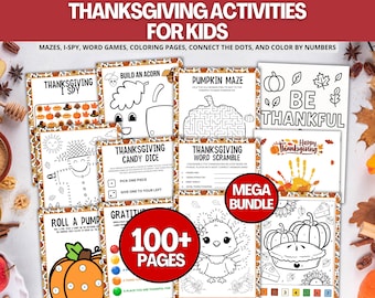 Thanksgiving-Aktivitäten für Kinder zum Ausdrucken, Thanksgiving-Aktivitäten-Seiten-Bundle- Malseiten, Spiele, Puzzles, Punkte verbinden, I Spionieren, Türkei