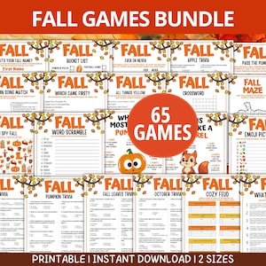 May include: A collection of printable fall games, including trivia, mazes, and word scrambles. The bundle features 65 games with autumn-themed graphics and text. The title "FALL GAMES BUNDLE" is displayed at the top.