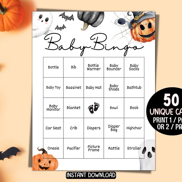 50 Halloween Baby Bingo Cards, Baby Shower Games, Gender Neutral Printable Halloween Party Baby Shower Bingo Game, Baby Shower Activity