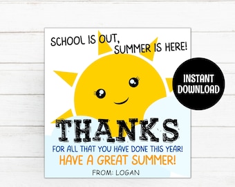 End of Year Teacher Gift Tag, School is Out Summer Gift Tag, Beach Towel Gift, Teacher Thank You Tag, Last day Of School Gift, Sun Favor Tag