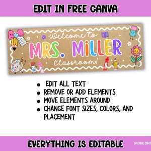 Pu&ograve; includere: Un cartello rettangolare per l'aula con sfondo in carta kraft marrone e bordo smerlato bianco. Il testo recita Welcome to MRS. MILLER Classroom! Presenta illustrazioni colorate di cartoni animati di materiale scolastico come una matita, una gomma e un fiore.