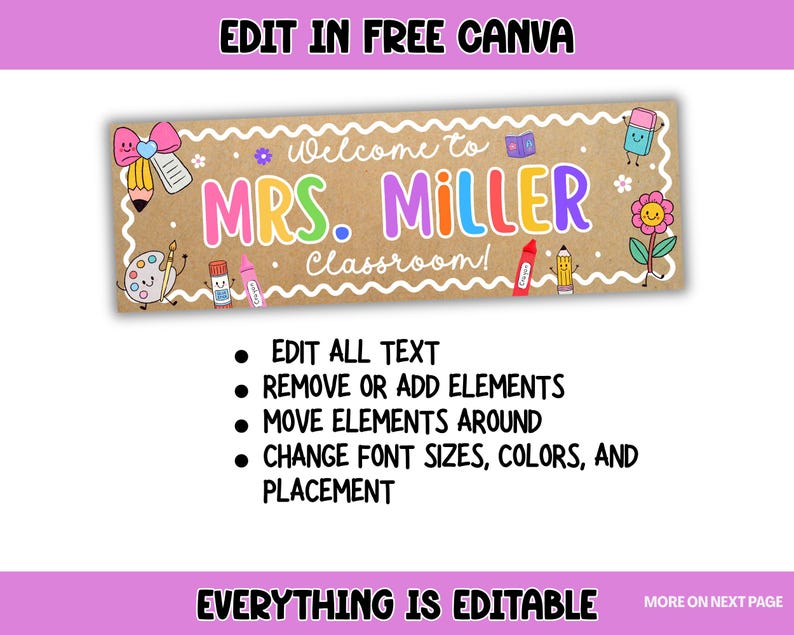 Pu&ograve; includere: Un cartello rettangolare per l'aula con sfondo in carta kraft marrone e bordo smerlato bianco. Il testo recita Welcome to MRS. MILLER Classroom! Presenta illustrazioni colorate di cartoni animati di materiale scolastico come una matita, una gomma e un fiore.