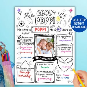 Alles über meinen Poppi Fragebogen zum Vatertag Poppi Geschenk von Kindern, DIY Kinder-Färbungskarte Aktivität, füllen Sie das leere Arbeitsblatt aus