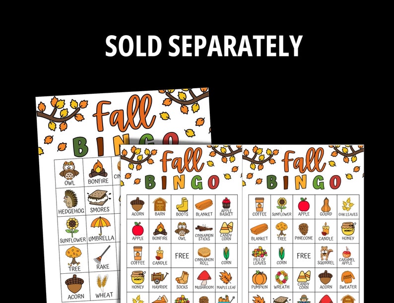 May include: Autumn-themed Bingo game sheets with illustrations of seasonal items. The sheets include images of an owl, bonfire, sunflower, and apple. The words "Fall Bingo" are written in a decorative font.