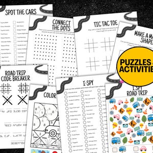 Puede incluir: Un conjunto de hojas de actividades imprimibles para viajes por carretera. Incluye juegos como "Encuentra los coches", "Conecta los puntos" y "Veo, veo". Las hojas presentan ilustraciones coloridas y el texto "Puzzles & Actividades".