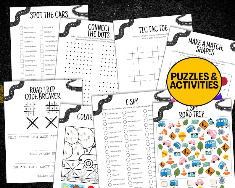 Puede incluir: Un conjunto de hojas de actividades imprimibles para viajes por carretera. Incluye juegos como "Encuentra los coches", "Conecta los puntos" y "Veo, veo". Las hojas presentan ilustraciones coloridas y el texto "Puzzles & Actividades".