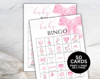 50 Baby Shower Bingo Cards, Pink Bow Bingo, Pink Bow Baby Shower Game, Girl Baby Bingo, Baby Shower Party Games Fun Baby Shower Activity