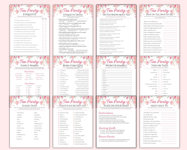 Puede incluir: Un conjunto de juegos imprimibles para una fiesta de t&eacute;, que incluyen etiqueta, trivialidades y juegos de palabras. Cada tarjeta de juego presenta un dise&ntilde;o floral con rosas rosas y las palabras "Tea Party" en la parte superior. Los juegos est&aacute;n dise&ntilde;ados para una fiesta de t&eacute;.