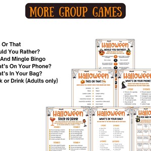 May include: A selection of Halloween party games, including "This or That", "Would You Rather?", "Mix and Mingle Bingo", "What's on Your Phone?", "What's in Your Bag?", and "Trick or Drink". Each game features Halloween-themed graphics and text.