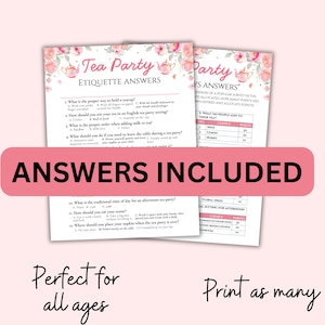 Puede incluir: Dos hojas de juego imprimibles para una fiesta de t&eacute; con detalles florales rosas. Las hojas incluyen preguntas y respuestas sobre etiqueta, con el texto "Answers Included" en una pancarta rosa. El texto inferior dice "Perfect for all ages" y "Print as many".