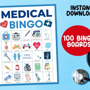 Medyczne Bingo, Pielęgniarskie Bingo, 100 arkuszy Bingo na przyjęcie z okazji ukończenia studiów medycznych dla pielęgniarki/lekarza, Tydzień doceniania, Przyjęcie emerytalne, Urodziny