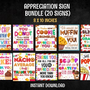 Printable Appreciation Sign Bundle, Teacher Employee Staff Appreciation Team Breakfast Lunch Snack Thank You Table Signs Holiday Treat Signs