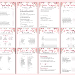 Puede incluir: Juegos imprimibles para una fiesta de t&eacute;, incluyendo etiqueta, trivialidades y juegos de palabras. Cada tarjeta presenta un borde floral con rosas rosas y las palabras "Tea Party". Los juegos est&aacute;n dise&ntilde;ados para una fiesta de t&eacute;.