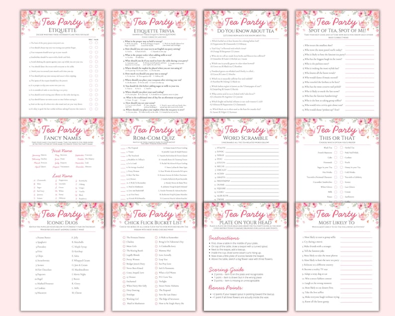 Puede incluir: Juegos imprimibles para una fiesta de t&eacute;, incluyendo etiqueta, trivialidades y juegos de palabras. Cada tarjeta presenta un borde floral con rosas rosas y las palabras "Tea Party". Los juegos est&aacute;n dise&ntilde;ados para una fiesta de t&eacute;.
