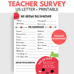 All About My Teacher Survey, Teacher's Favorite Things Questionnaire, Back to School Questionnaire, Get to Know Teacher, Teacher Gifts,