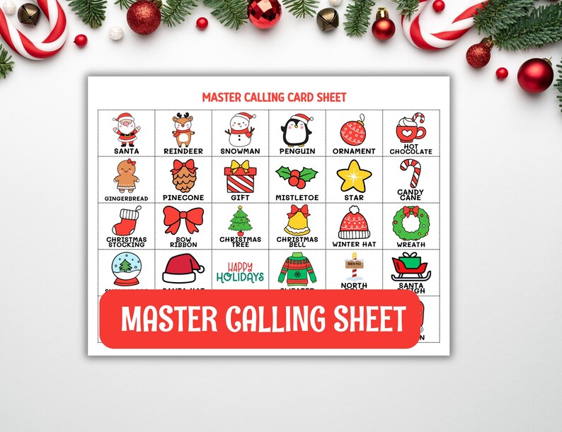 May include: A printable Christmas Bingo calling card sheet with a red border and the text "MASTER CALLING CARD SHEET" at the top and bottom. The sheet features 24 different Christmas-themed images, including Santa, a reindeer, a snowman, a penguin, an ornament, hot chocolate, gingerbread, a pinecone, a gift, mistletoe, a star, a candy cane, a Christmas stocking, a bow, a Christmas tree, a Christmas bell, a winter hat, a wreath, a sweater, a sign that says "NORTH", and a sleigh.