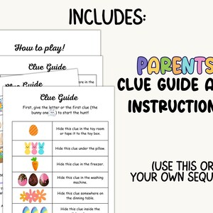 May include: A printable Easter egg hunt game with instructions for parents. The game includes a clue guide with images and text for hiding clues around the house. The text says "Parents Clue Guide and Instructions (Use this or your own sequence)".