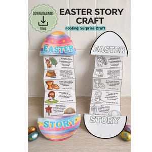 以下が含まれることがあります： ダウンロード可能なイースターストーリークラフト、折りたたみ式のサプライズクラフト。カラフルなデザインには、「Easter」と「Story」の文字が入ったイースターエッグの形が含まれています。クラフトは広げると、イラスト入りの聖書のシーンが現れます。
