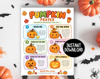 Pumpkin Prayer Printable Card, Christian Fall Halloween Pumpkin Carving Activity, Fall Bible Sunday School Lesson  Kid Church Prayer Handout