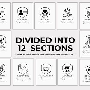 May include: A black and white infographic with 12 sections, each with a shield icon and text describing different categories of information to organize for emergency preparedness. The text "DIVIDED INTO 12 SECTIONS" is in bold, black text.