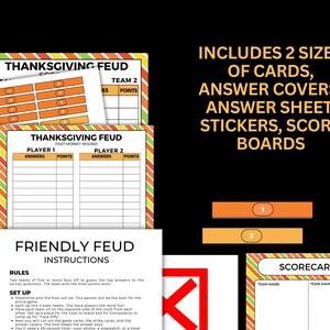 May include: Thanksgiving Feud game set with scoreboards, answer sheets, and instructions. The game includes two sizes of cards, answer covers, and stickers. The game's theme is Thanksgiving, with orange and yellow accents.