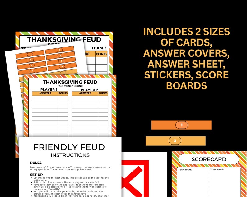 May include: Thanksgiving Feud game set with scoreboards, answer sheets, and instructions. The game includes two sizes of cards, answer covers, and stickers. The game's theme is Thanksgiving, with orange and yellow accents.