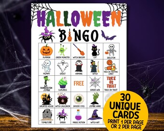 Halloween Bingo Game Printable, Kids Halloween Party Games, Kids Halloween Activities, 30 Cute Halloween Bingo Cards, School Classroom Party