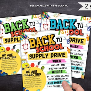 Modelo de folheto de campanha de suprimentos escolares editável, modelo de canva de folheto de volta às aulas para impressão, pôster de folheto de suprimentos, folheto de arrecadação de fundos escolar