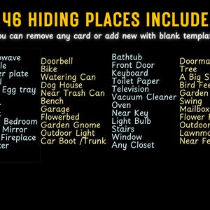 K&ouml;nnte beinhalten: Eine schwarze und gelbe Grafik mit dem Text "46 HIDING PLACES INCLUDE" und einer Liste von 46 Versteckm&ouml;glichkeiten f&uuml;r ein Spiel. Sie k&ouml;nnen jede Karte entfernen oder neue mit leeren Vorlagen hinzuf&uuml;gen.