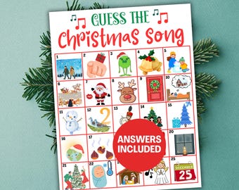 Może przedstawiać: Biała karta do gry o tematyce świątecznej z napisem "GUESS THE Christmas Song" i ponumerowanymi obrazkami. Obrazki przedstawiają bałwana, Świętego Mikołaja, choinkę i inne ilustracje związane ze świętami. Obecne jest również czerwone koło z napisem "ANSWERS INCLUDED".