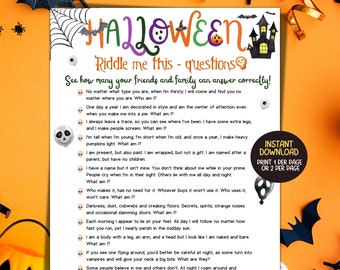 Halloween Trivia Riddle Me This Game Printable, Halloween Party Games, Halloween Activities, Teens Kids Class Party Game, Adult Office Game