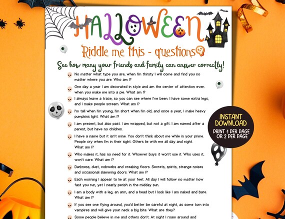 Halloween Trivia Riddle Me This Game Printable, Halloween Party Games, Halloween Activities, Teens Kids Class Party Game, Adult Office Game