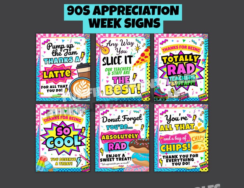 90s Teacher Appreciation Week Sign Bundle, Retro 90s Theme Staff ...