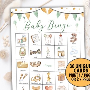 Babyparty Bingo, neutrale lustige Babyparty Spiele Bingo, 30 vorgefüllte Baby Bingo Karten druckbare Babyparty Aktivität, Boho Shower Party Spiel