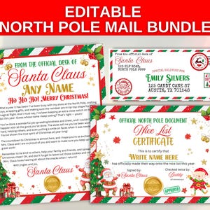 Paquete de cartas de Papá Noel: carta de Papá Noel EDITABLE, certificado de lista de buenos deseos, sobre navideño, juego de cartas de Papá Noel imprimibles para la mañana de Navidad