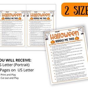 May include: Halloween riddle game featuring the text "Riddle Me This" and pumpkin illustrations. The image displays two sizes of the game, with the text "2 Sizes" in an orange rectangle. The game includes riddles and is designed for print and play.