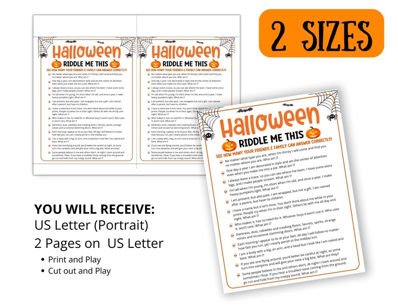 May include: Halloween riddle game featuring the text "Riddle Me This" and pumpkin illustrations. The image displays two sizes of the game, with the text "2 Sizes" in an orange rectangle. The game includes riddles and is designed for print and play.
