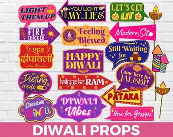 Printable Diwali photo props, Diwali photo booth props, DIY Diwali decorations, Diwali party photo props