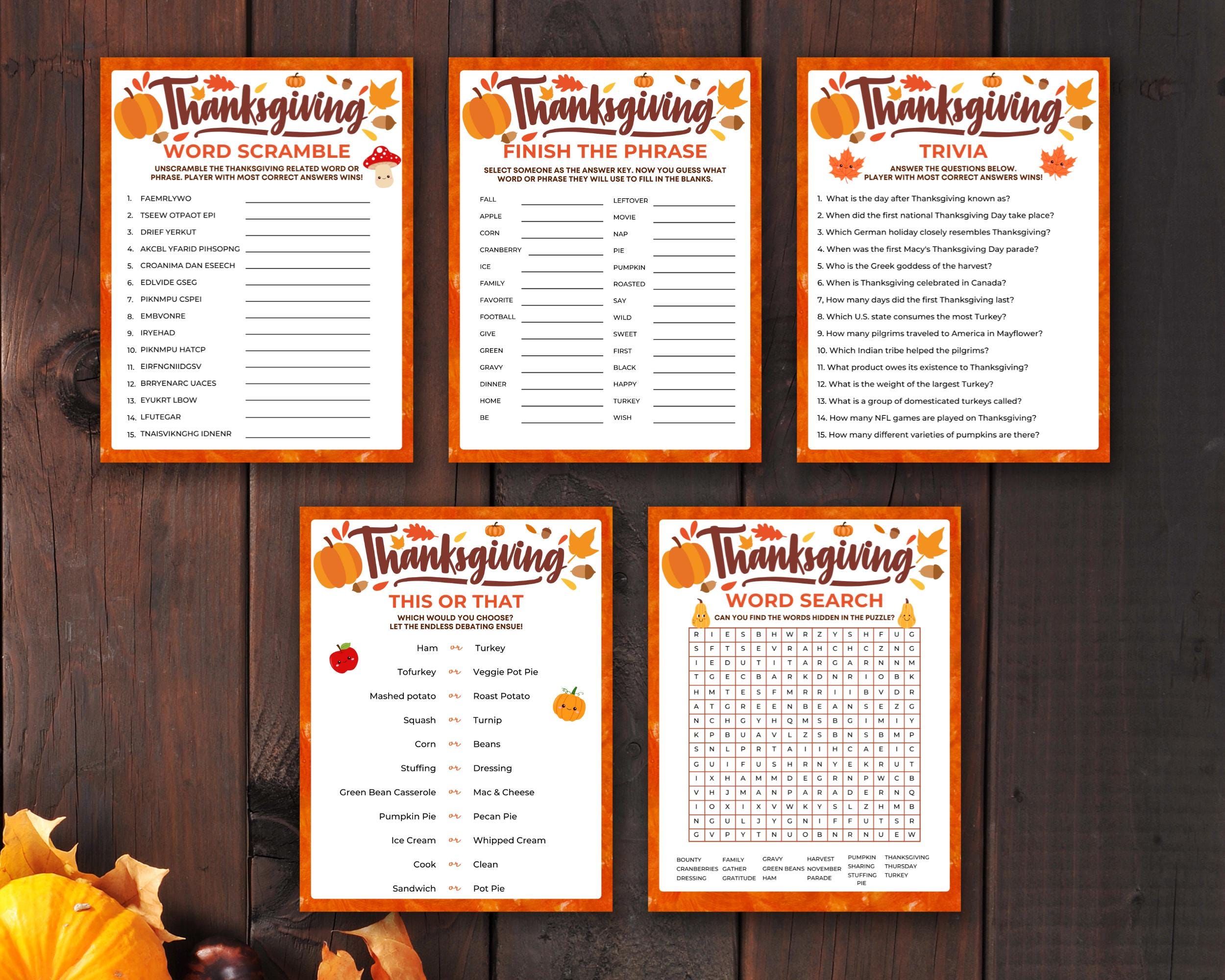 Thanksgiving Games Printable, Friendsgiving Games, Party Games for Kids ...