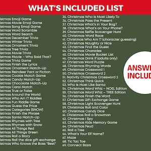 May include: A list of 69 Christmas-themed games and activities, including trivia, word games, and scavenger hunts. The text is in white on a dark green background, with a red header that says "WHAT'S INCLUDED LIST". A white circle with red text that says "ANSWERS INCLUDED" is on the right.