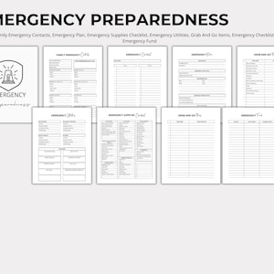 May include: A black and white printable emergency preparedness checklist with sections for family emergency contacts, emergency plan, emergency supplies, emergency utilities, grab and go items, and emergency checklist do's. The checklist also includes a section for an emergency fund.