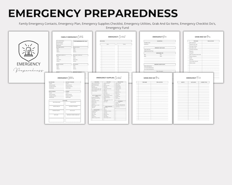 May include: A black and white printable emergency preparedness checklist with sections for family emergency contacts, emergency plan, emergency supplies, emergency utilities, grab and go items, and emergency checklist do's. The checklist also includes a section for an emergency fund.