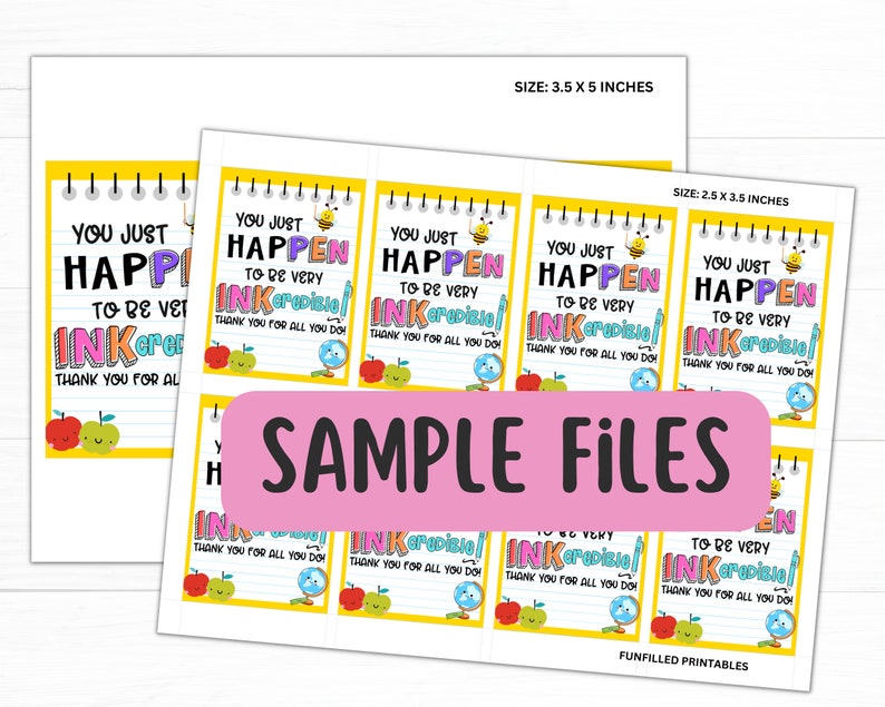 May include: A set of printable teacher appreciation cards with a yellow background and colorful illustrations. The cards feature the text "You just happen to be very INKredible! Thank you for all you do". The cards are available in two sizes: 3.5 x 5 inches and 2.5 x 3.5 inches.