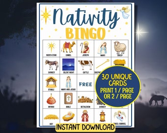 May include: A printable Nativity Bingo game with a blue and yellow design. The game board features illustrations of the Nativity story, including a star, camel, Joseph, Mary, sheep, donkey, and more. The text reads "Nativity Bingo" and "Instant Download".