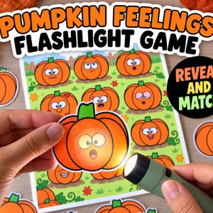May include: A Pumpkin Feelings Flashlight Game set featuring a printed sheet with various orange pumpkin illustrations displaying different facial expressions, accompanied by individual pumpkin cutouts and a green flashlight for play.