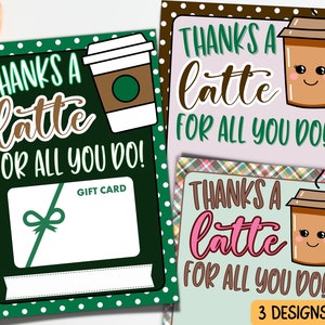Porta carte regalo stampabili per caffè di ringraziamento, carta regalo per caffè latte Thanks A, regalo per caffè per insegnanti, regalo di apprezzamento per dipendenti, infermieri e personale