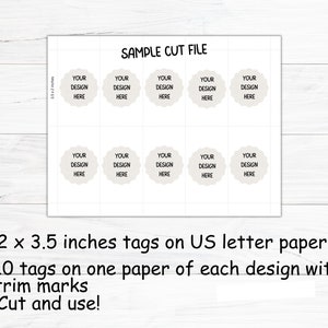 Op de afbeelding: Een bedrukbaar vel met 10 lege cirkels om 2 x 3,5 inch cadeau-etiketten te maken. De cirkels bevatten de tekst "Your Design Here". Het vel is ontworpen om te worden afgedrukt op US letter papier en bevat snijmarkeringen voor eenvoudig knippen.